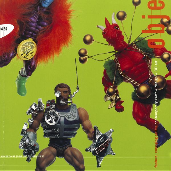 Magazine cover with toy figurines on a lime green background